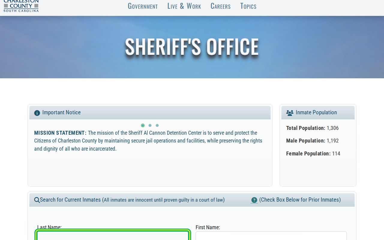 Charleston residents directory official inmate search notice