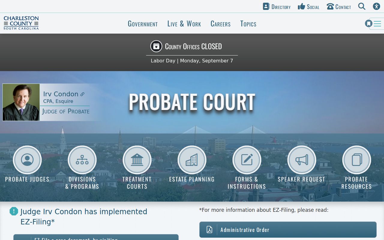 Charleston resident lookup Probate Court estate search routing