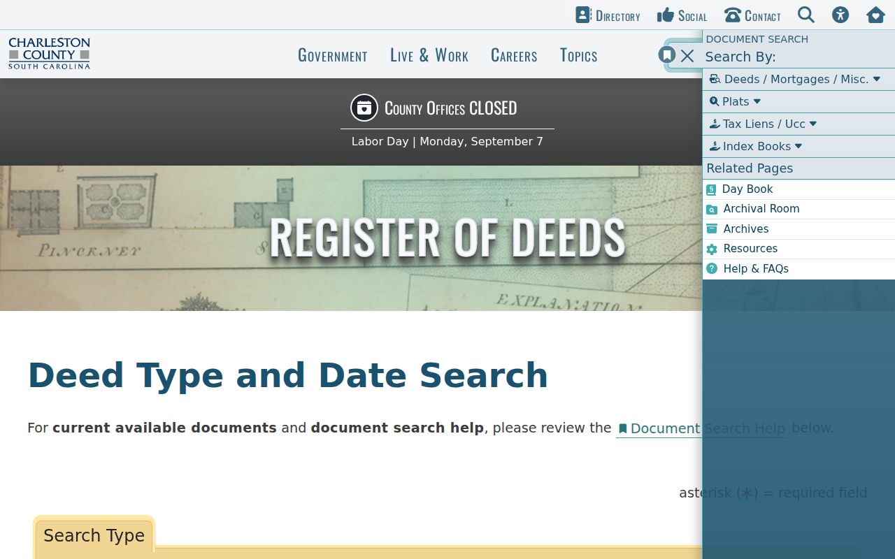 Charleston past-resident research using the Register of Deeds type-and-date search