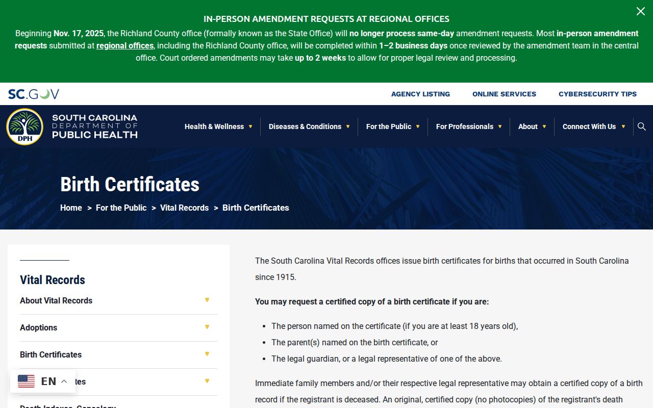 Charleston resident lookup South Carolina birth certificate request options